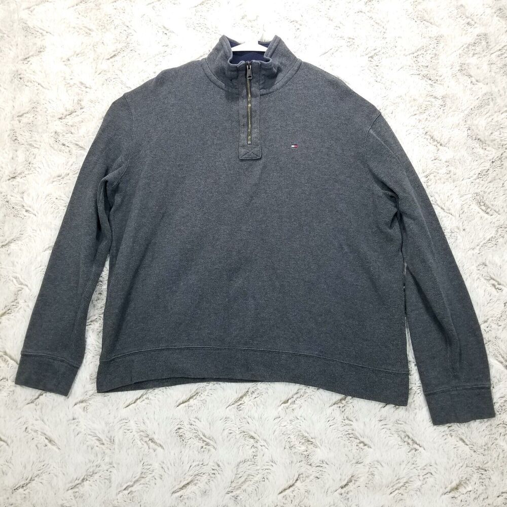 Tommy Hilfiger 1/4 Zip Pullover Sweater X Large‎ Mens Gray/Blue Trim Mock Neck